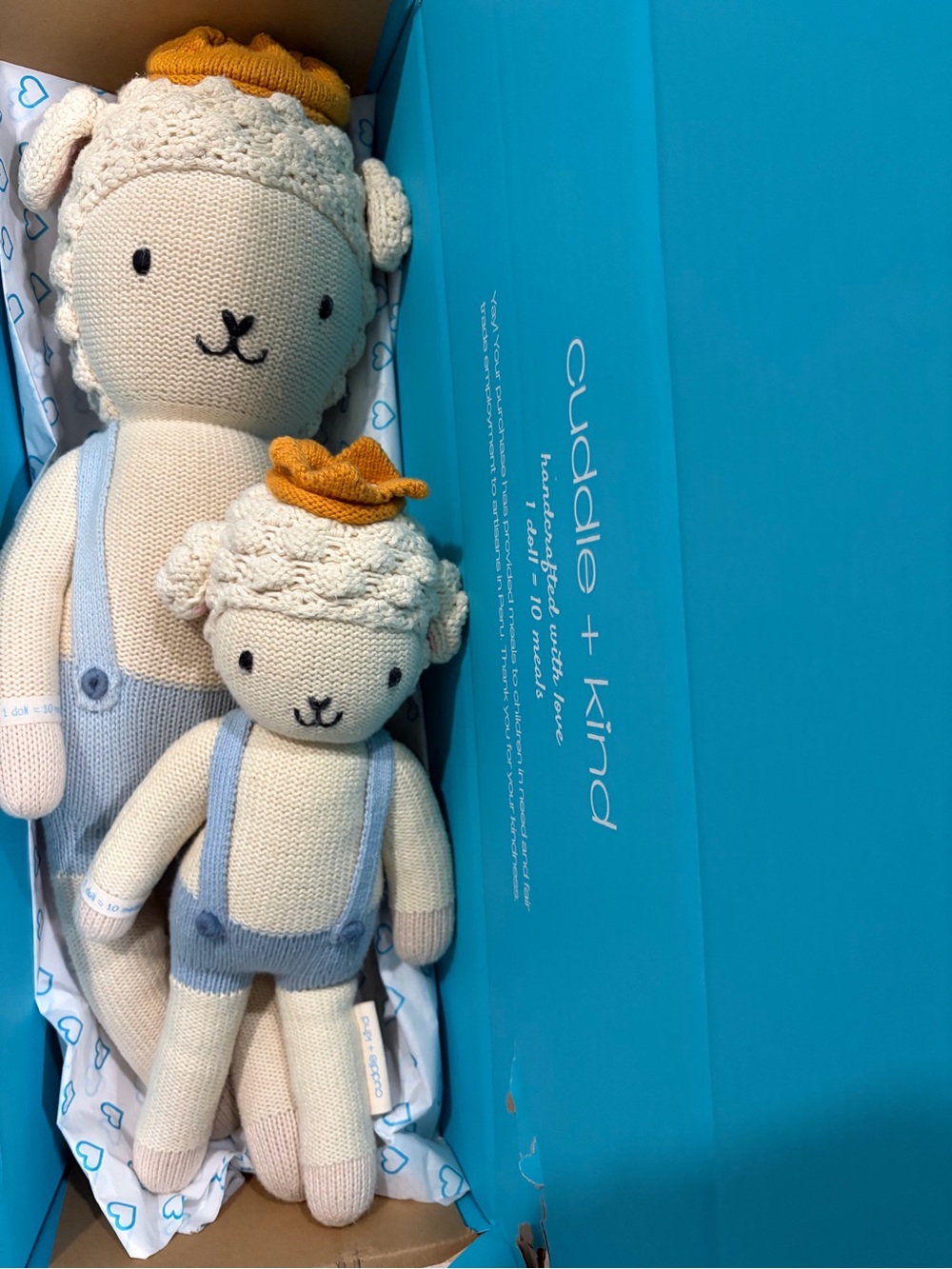 Cuddle + Kind Knit Sebastian the Lamb - Cream with Blue Overalls & Hat